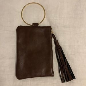 EUC brown faux leather wristlet